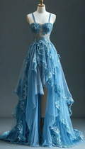 Hermoso vestido de noche de tul con encaje azul y capas, vestido de fiesta largo de corte A Y8027
