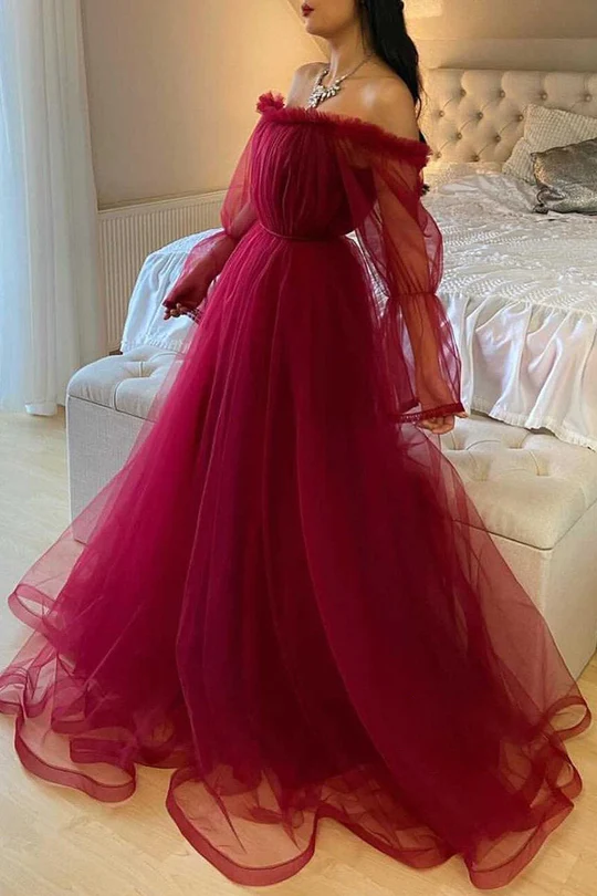 Vestido de noche de tul burdeos con mangas largas Y503