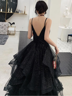 Glänzendes schwarzes Ballkleid mit V-Ausschnitt, rückenfreies schwarzes Abendkleid mit V-Ausschnitt Y1148