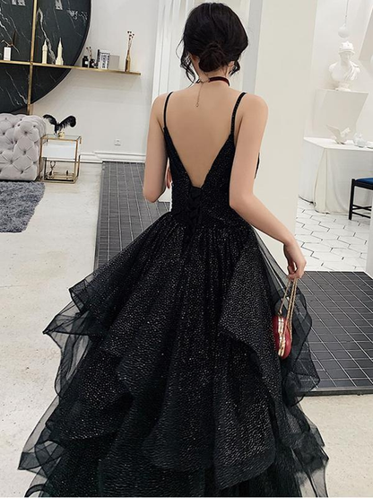 Shiny Black V Neck Prom Dresses, Backless Black V Neck Formal Evening Gown Y1148