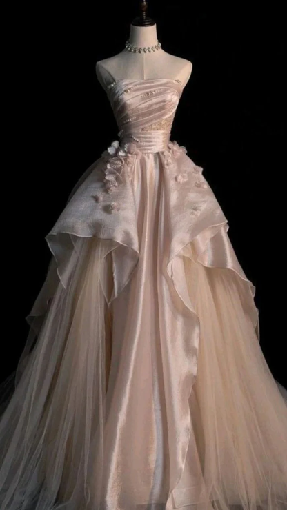 Großzügiges rosa trägerloses A-Linien-Abendkleid aus Tüll, glamouröses Kleid Y6761