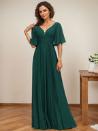Vestido de gasa para madre de la novia, corte A, escote en V, largo hasta el suelo, con apliques de lentejuelas y encaje plisado
