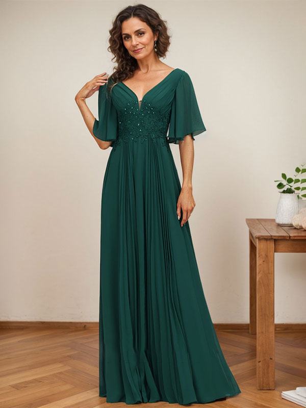Vestido de gasa para madre de la novia, corte A, escote en V, largo hasta el suelo, con apliques de lentejuelas y encaje plisado