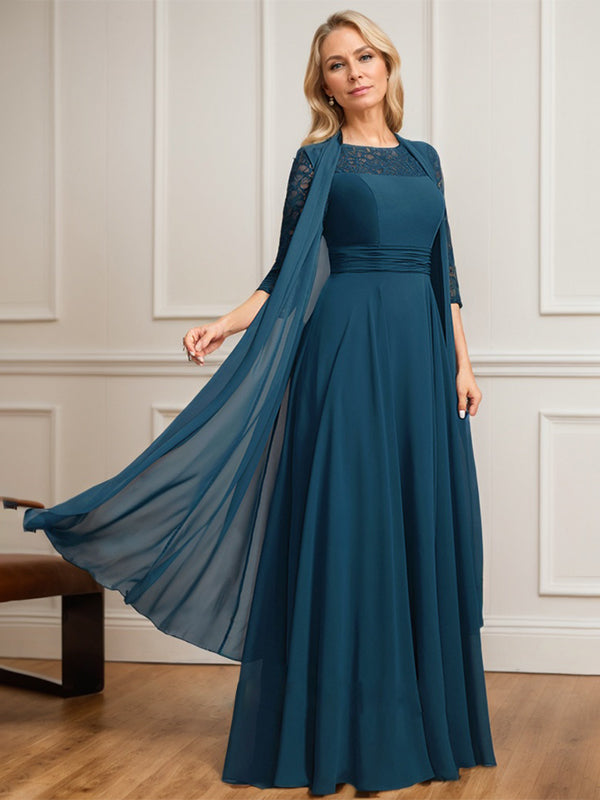 Vestido de gasa de encaje con ilusión de corte A hasta el suelo para madre de la novia con pliegues