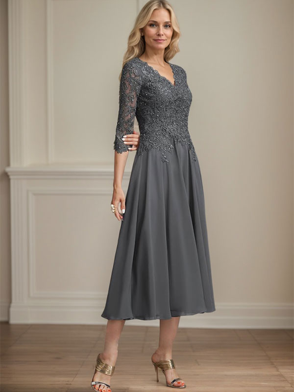 Vestido de gasa con encaje y escote en V para madre de la novia, largo hasta la rodilla, con lentejuelas y abalorios