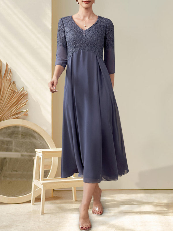 A-Linie V-Ausschnitt Wadenlanges Chiffon-Spitzenkleid für die Brautmutter mit Perlenbesatz