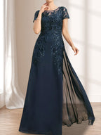 Vestido de madre de la novia de gasa con encaje, escote redondo, ilusión, largo hasta el suelo, con lentejuelas