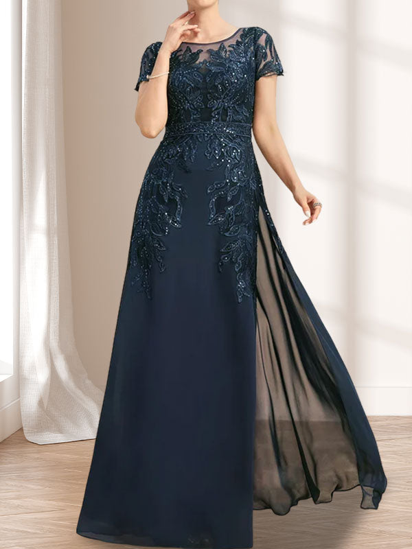 Vestido de madre de la novia de gasa con encaje, escote redondo, ilusión, largo hasta el suelo, con lentejuelas