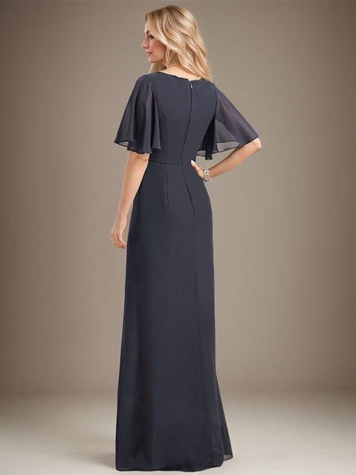 Vestido de gasa para madre de la novia, corte A, escote redondo, largo hasta el suelo, con volantes en cascada, cuentas y lentejuelas