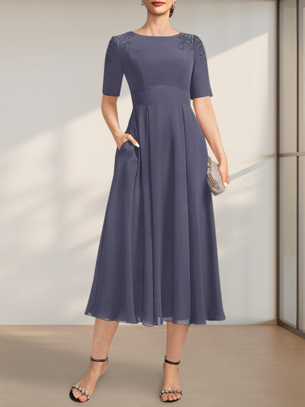 Vestido de gasa para madre de la novia, corte A, escote redondo, largo hasta la rodilla, con apliques de encaje y lentejuelas
