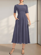 Vestido de gasa para madre de la novia, corte A, escote redondo, largo hasta la rodilla, con apliques de encaje y lentejuelas