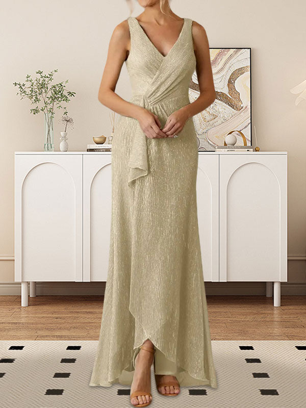 A-Linien-Kleid mit V-Ausschnitt, gerüschtem Metallic-Netz