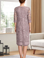 Vestido de gasa para madre de la novia con escote redondo hasta la rodilla, corte tubo/columna y lentejuelas plisadas