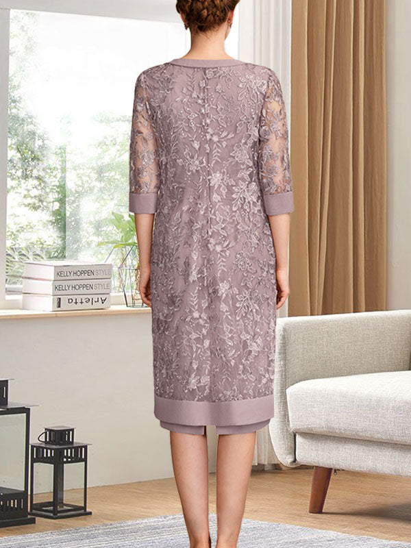 Vestido de gasa para madre de la novia con escote redondo hasta la rodilla, corte tubo/columna y lentejuelas plisadas