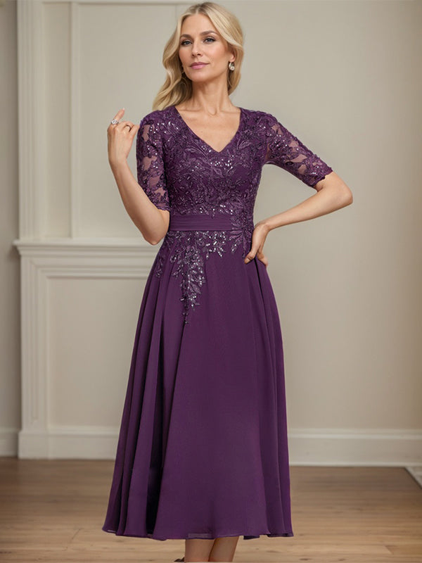 Vestido de gasa con encaje y lentejuelas para madre de la novia, corte A, escote en V y largo hasta la rodilla
