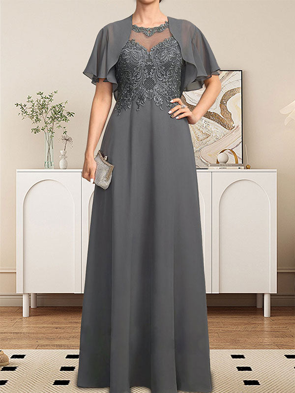 Vestido de gasa con encaje y lentejuelas para madre de la novia, corte A, escote ilusión, largo hasta el suelo