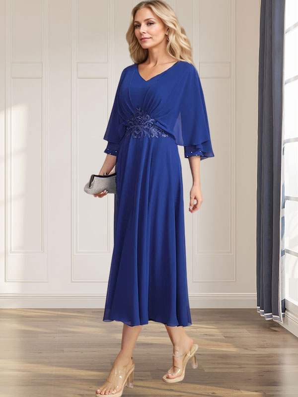 A-Linie V-Ausschnitt Wadenlanges Chiffonkleid für die Brautmutter mit plissierten Paillettenapplikationen Spitzenbesatz 