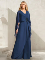 Vestido de gasa para madre de la novia con escote en V, corte A y largo hasta el suelo, con volantes en cascada y cuentas