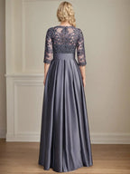Vestido de madre de la novia de satén con encaje, corte A, escote ilusión, largo hasta el suelo, con lazo de lentejuelas