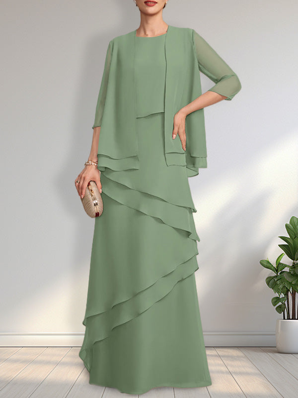 Vestido de gasa para madre de la novia con escote redondo y largo hasta el suelo