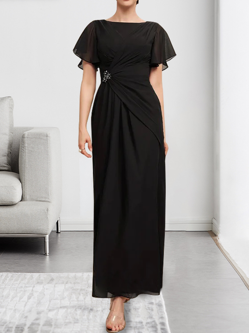 Vestido de gasa para madre de la novia con corte en A, escote redondo y largo hasta los tobillos, plisado con cuentas