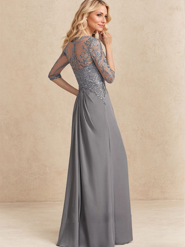 Vestido de gasa para madre de la novia con encaje, corte A, escote redondo, ilusión, largo hasta el suelo, con lentejuelas y abalorios y volantes en cascada