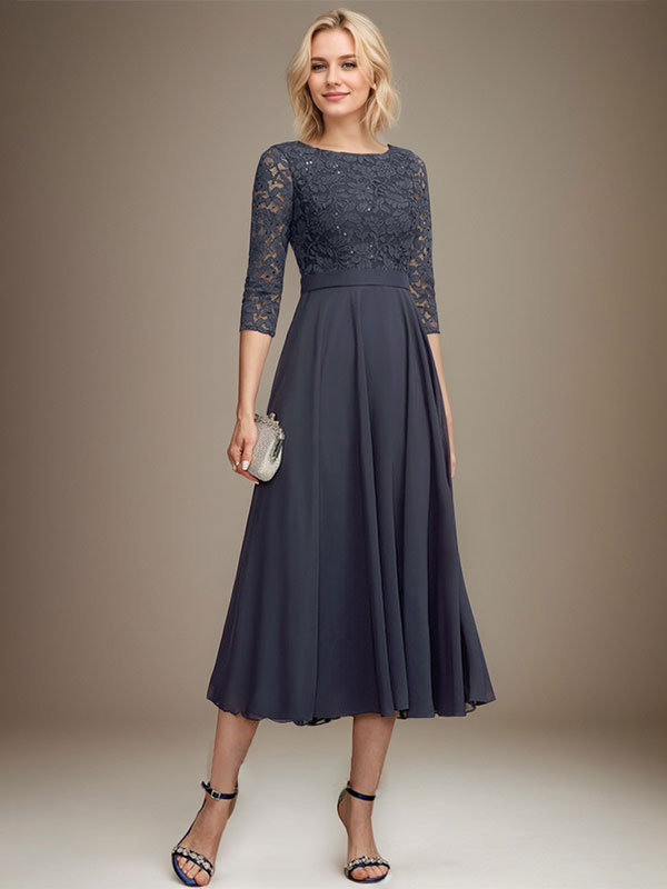 Vestido de gasa con encaje y lentejuelas para madre de la novia, corte A, escote redondo y largo hasta la rodilla