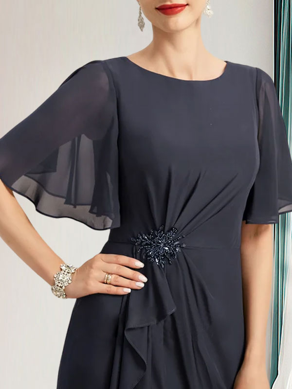 Vestido de gasa para madre de la novia, corte A, escote redondo, largo hasta el suelo, con volantes en cascada, cuentas y lentejuelas