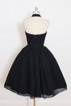 Vestido de fiesta de tul negro con cuello halter, sin mangas, corte A, a media pierna