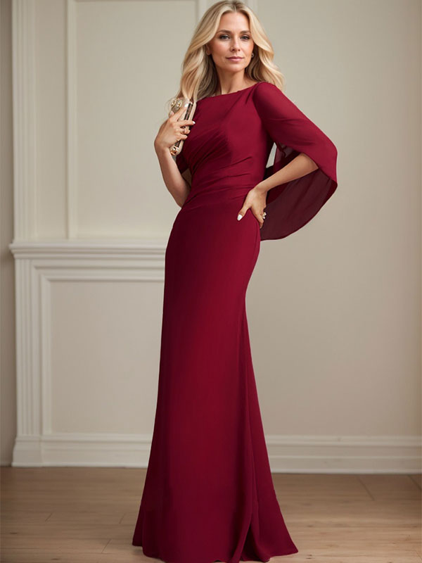 Vestido de madre de la novia de gasa con escote barco, corte trompeta/sirena, largo hasta el suelo, con pliegues