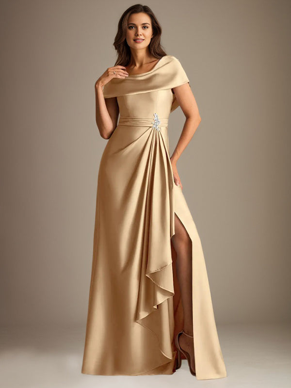 Vestido de madre de la novia de satén elástico, corte A, largo hasta el suelo, con escote redondo y volantes en cascada