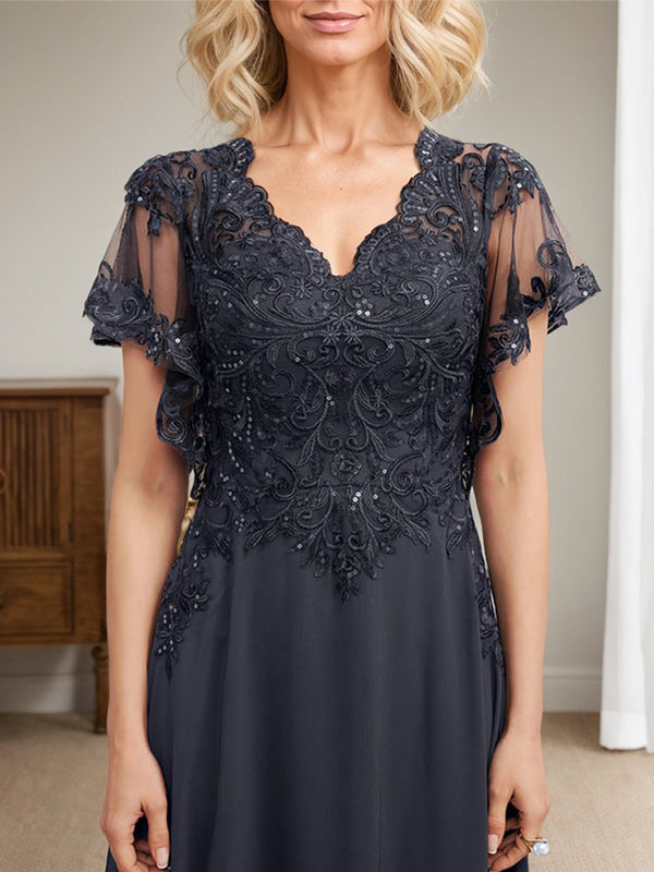Vestido de madre de la novia de gasa con encaje, escote en V y lentejuelas, largo hasta el suelo