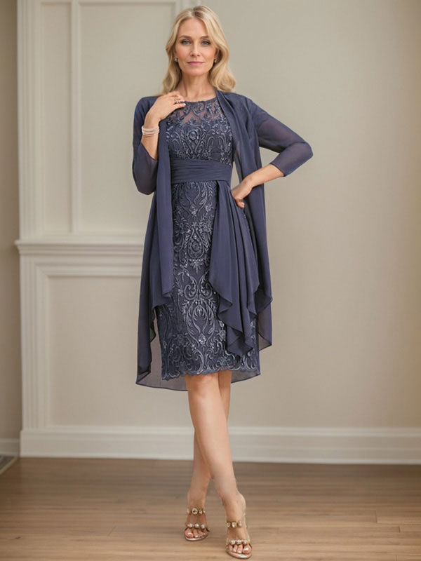 Vestido de madre de la novia de gasa con encaje, escote redondo, ilusión, largo hasta la rodilla, con volantes en cascada y lentejuelas