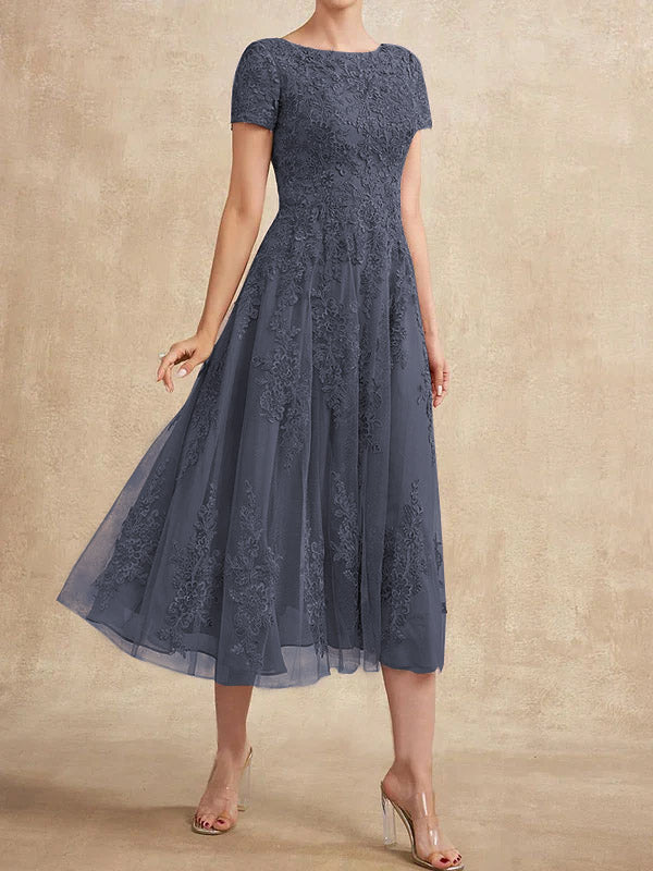 Vestido de madre de la novia de tul con encaje y corte en A, largo hasta la rodilla