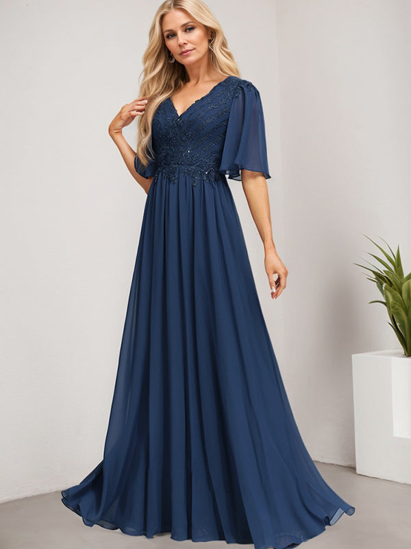 Vestido de madre de la novia de gasa con encaje, escote en V y lentejuelas, largo hasta el suelo