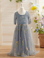 Salbeigrünes Blumenmädchenkleid aus Stoff mit U-Ausschnitt und Tüll (2003227581) 