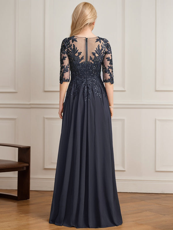 Vestido de madre de la novia de gasa con encaje, escote en V y lentejuelas plisadas hasta el suelo