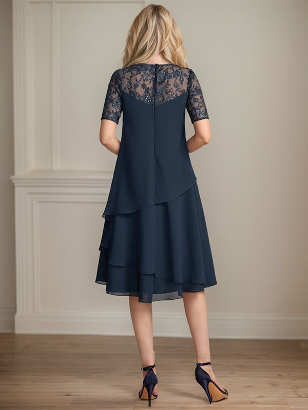 Vestido de gasa con encaje y lentejuelas para madre de la novia, corte A, escote ilusión, largo hasta la rodilla