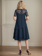 Vestido de gasa con encaje y lentejuelas para madre de la novia, corte A, escote ilusión, largo hasta la rodilla