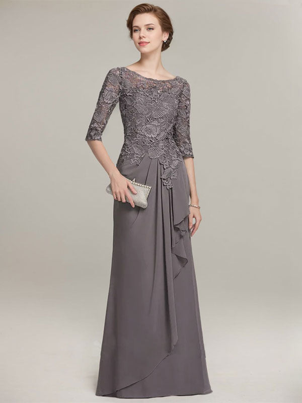 Vestido de gasa con encaje, corte A, escote ilusión, largo hasta el suelo, para madre de la novia con volantes en cascada