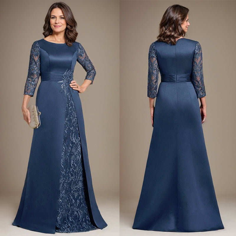Vestido de madre de la novia de satén con encaje, corte A, largo hasta el suelo y apliques