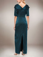 Vestido largo de columna brillante con puños doblados, escote en L y mangas hasta el codo