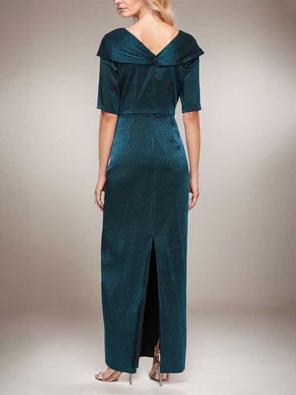 Vestido largo de columna brillante con puños doblados, escote en L y mangas hasta el codo