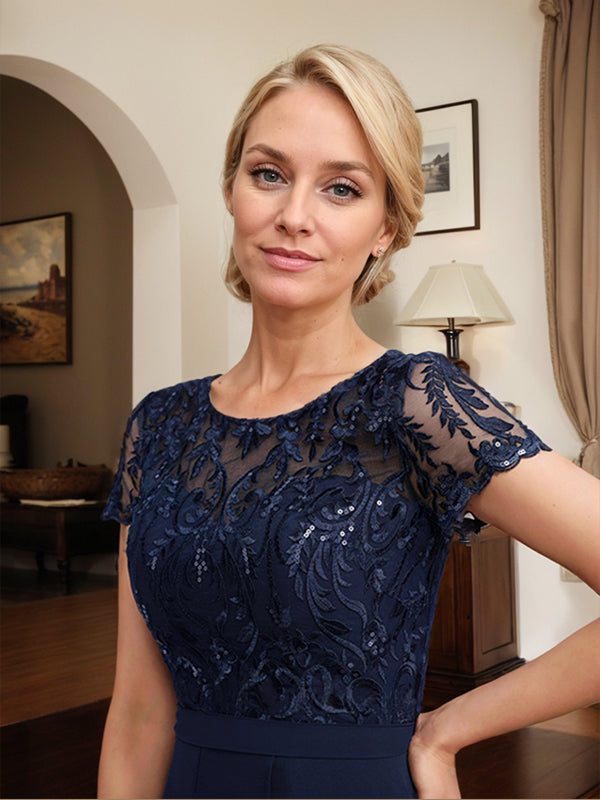 Vestido de madre de la novia de gasa asimétrica con escote en A, ilusión, encaje, lazo, volante y lentejuelas
