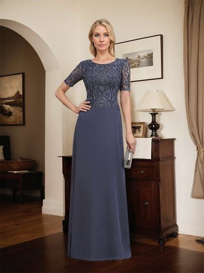 Vestido de gasa con encaje y lentejuelas para madre de la novia, corte A, largo hasta el suelo