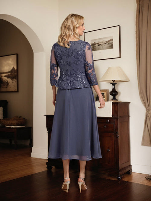 Vestido de gasa con encaje y lentejuelas para madre de la novia, corte A, escote redondo y largo hasta la rodilla