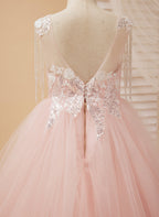 Duchesse-Linie/Princess-Linie Satin Tüll Bodenlang Rosa Blumenmädchenkleid 