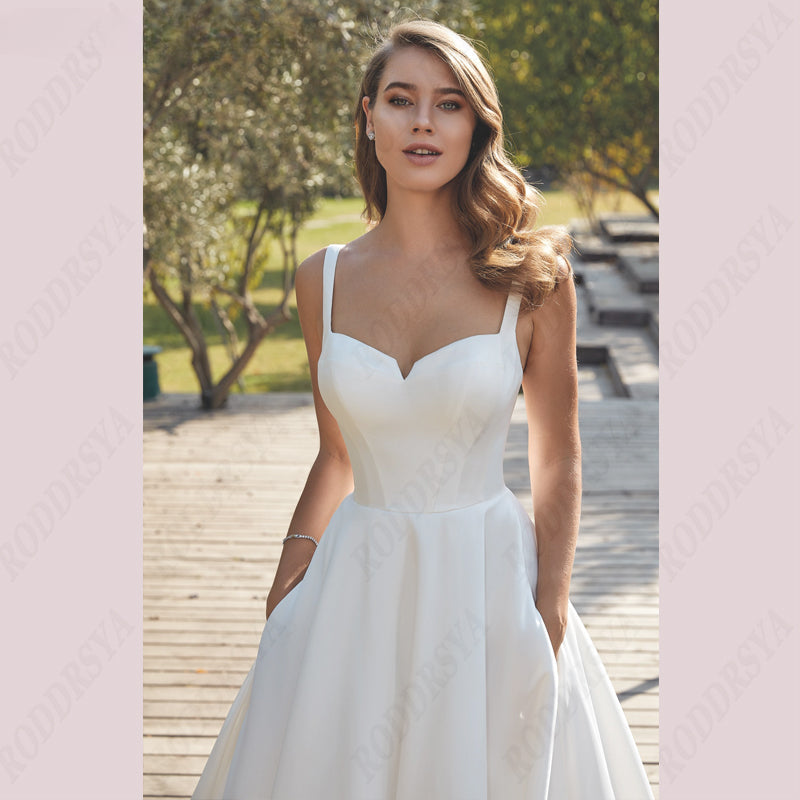 Civil V-Neck Wedding Dresses Square Collar Satin Bridal Gowns A-line Backless Buttons Bride Party Spaghetti Straps-payinti