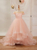 Duchesse-Linie/Princess-Linie Spitze Tüll Sweep/Pinsel zug Rosa Kleid (2003226644) 