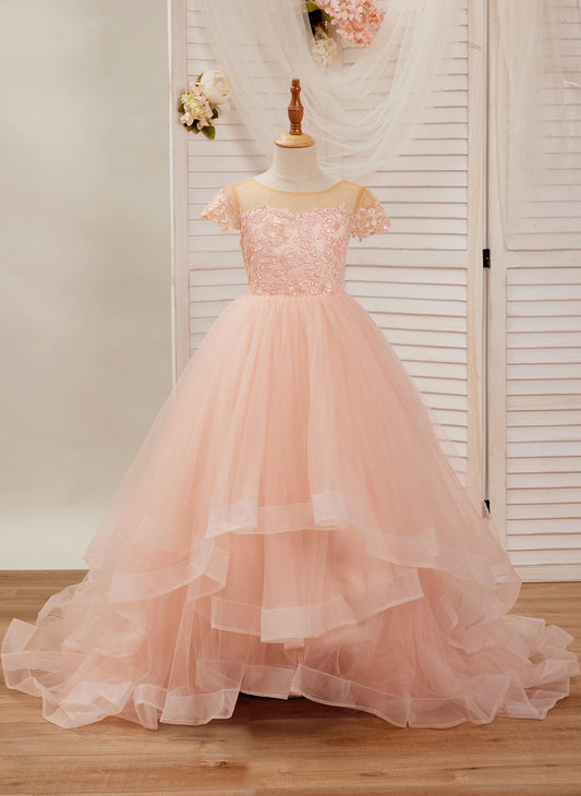 Vestido de gala/princesa de tul con encaje y cola larga, color rosa (2003226644)